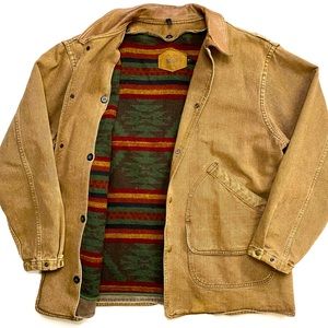 Vintage Woolrich Aztec Blanket Lined Brown Chore Coat Jacket Leather Collar XL